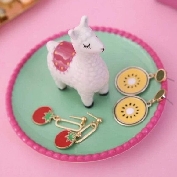 🌺 Llama Cute Pink & Green Ceramic Jewelry Trinket Dish NWOT - Picture 1 of 6